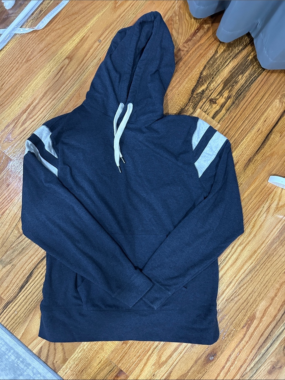 The Normal Brand Navy Hoodie with Light Gray Shoulder Stripes